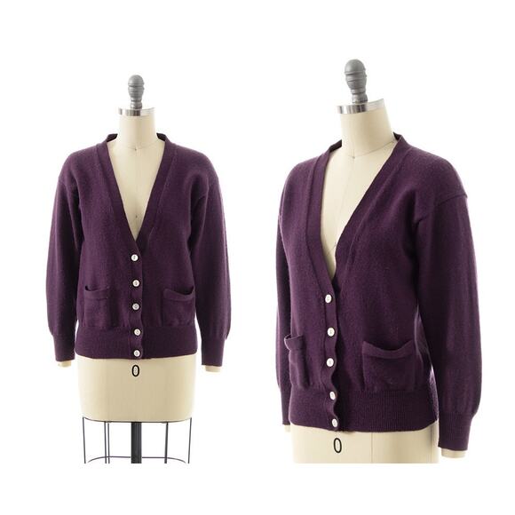 Vintage 1980s Cardigan 80s Knit Wool Dark Eggplant Purple Button